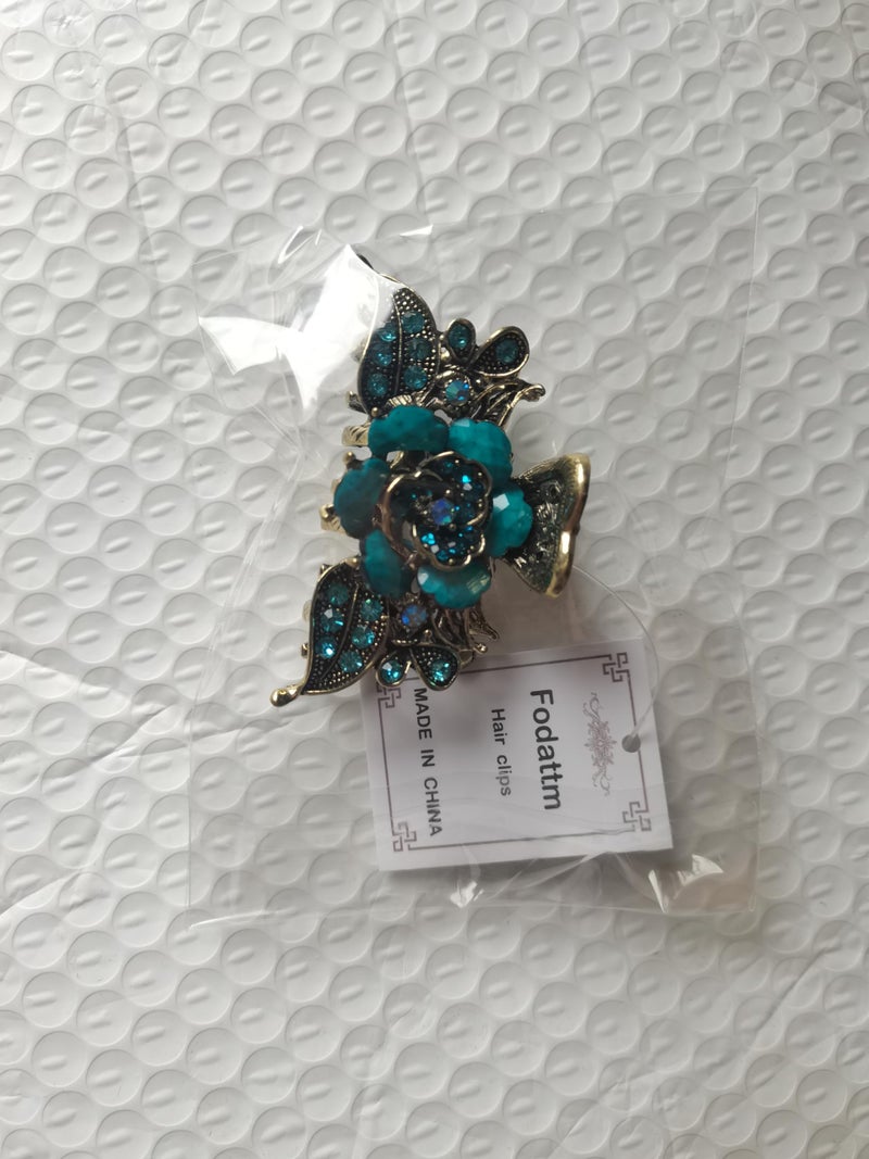 Fodattm Women Lady Retro Rose Flower Imitation Turquoise Hair Claw Clip Vintage Alloy Rhinestone Non-Slip Hair Jaw Clips Hairpin Hair Clamp (Blue) - Image 5